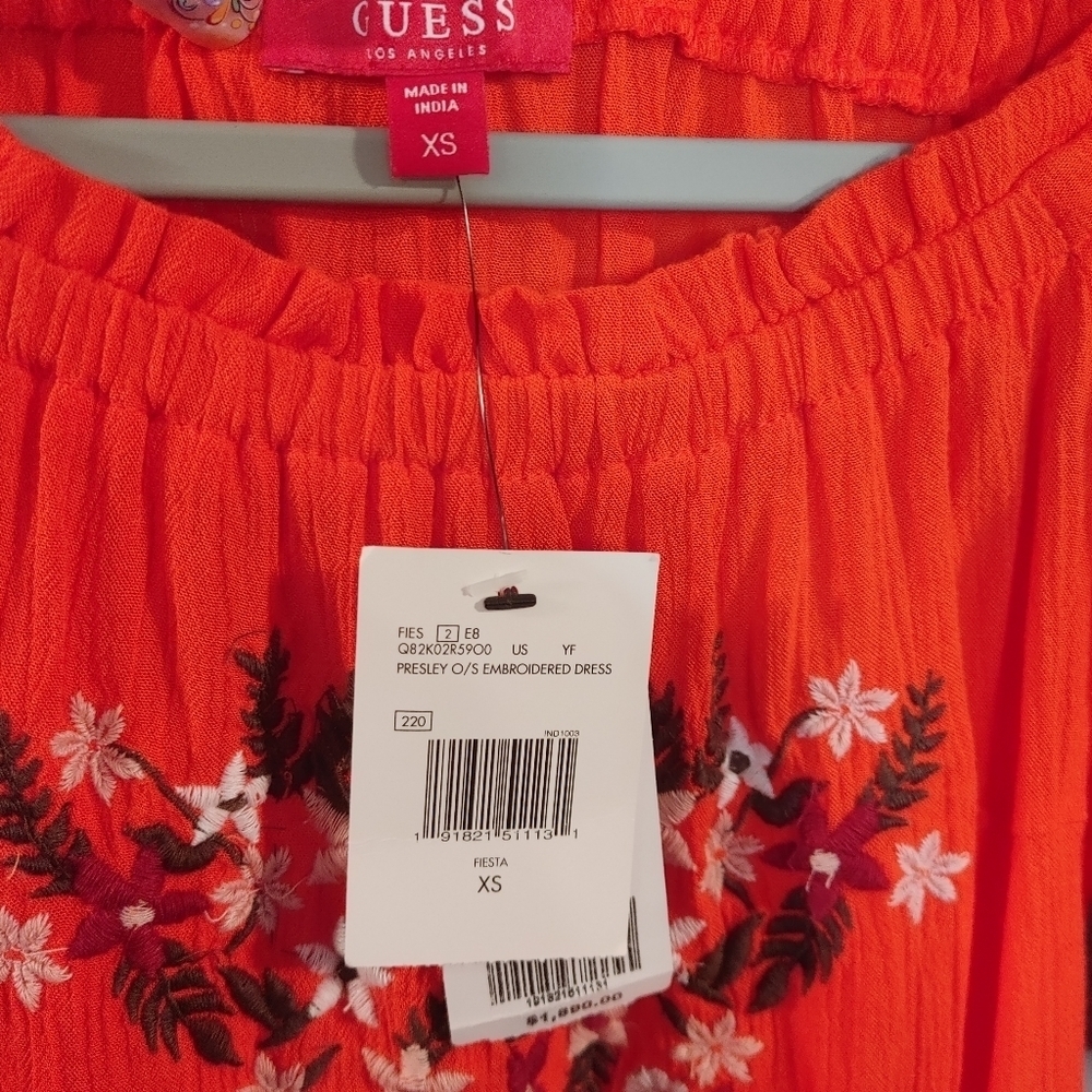 GUESS Presley Off Shoulder Embroidered Dress XS Fiesta Orange Boho Floral NWT - Picture 8 of 8